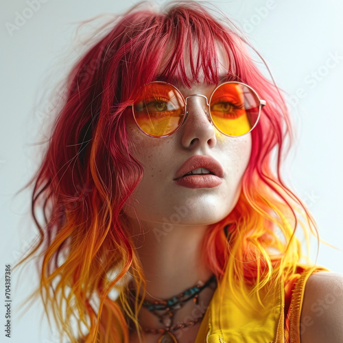 Studio close-up portrait of young girl with orange and red bob hairstyle, wearing sunglasses. High fashion model woman with multi-colored hair posing in the studio, portrait of a beautiful sexy girl