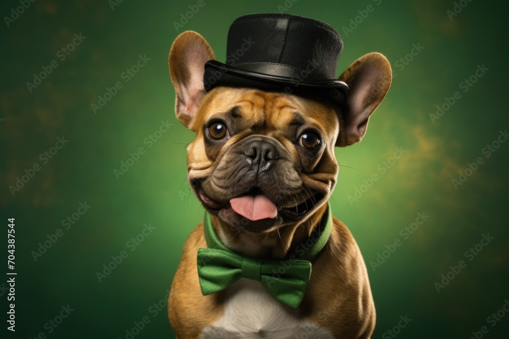 Adorable cool bulldog in green hat and bow tie, St Patrick's day spirit. Festive pup, Irish celebration, charming look. Festive French bulldog celebrates St. Paddy's, playful mood