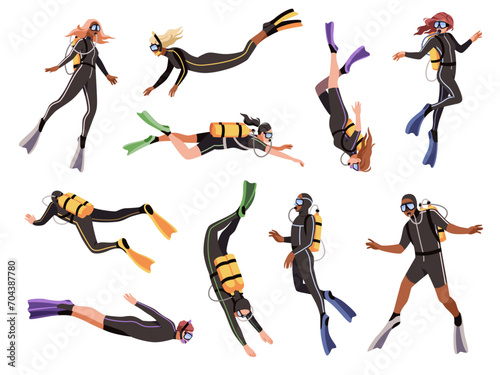 Cartoon flat divers. People with diving equipment, oxygen tanks, underwater masks, snorkels, scuba swimming persons. Men or women sea sport, extreme undersea adventures, tidy vector set