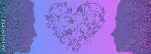 Valentine's day greeting banner. Holiday card with falling colorful confetti, branch and floral wicker wreath heart, silhouette man and woman. Festive vector template on pink, blue background. EPS 10