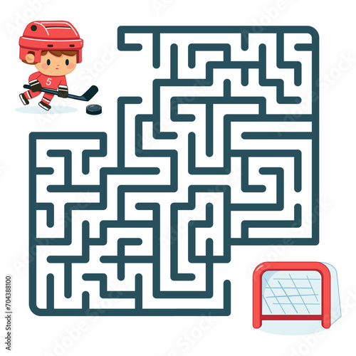 Maze or Labyrinth Game. Puzzle. Help a cartoon hockey player score a goal in this fun and challenging maze puzzle for kids.