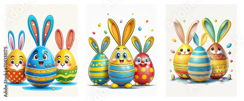 Set of funny colorful Easter eggs in bunny costume for greeting cards.