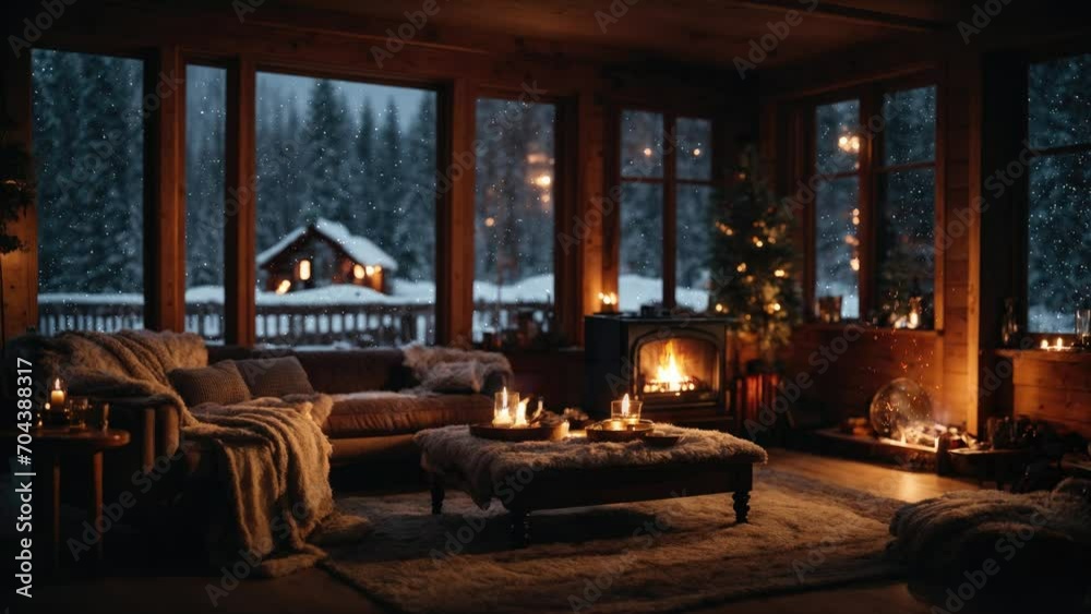 Idea of winter vacation, Propane Fire Pit, chimney place inside wooden cabin with window view to the snow fall, Idea of winter vacation, winter environment, extinguished  fire pits