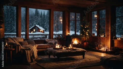 Idea of winter vacation, Propane Fire Pit, chimney place inside wooden cabin with window view to the snow fall, Idea of winter vacation, winter environment, extinguished  fire pits photo
