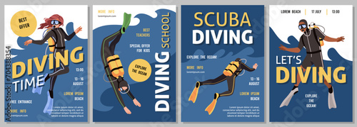 Divers cards. Cartoon men and women in scuba gear, deep sea explorers banner design, oxygen tanks, underwater masks and fins, extreme sport advertising flyers template, tidy vector set photo