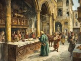 Bustling Medieval Florentine Marketplace Illustration

