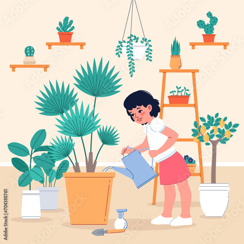 Girl cares house plants. Cute little gardener watering potted flower at room, home greenhouse, kids hobby, responsibility, exotic monstera and cactus cartoon flat isolated vector concept