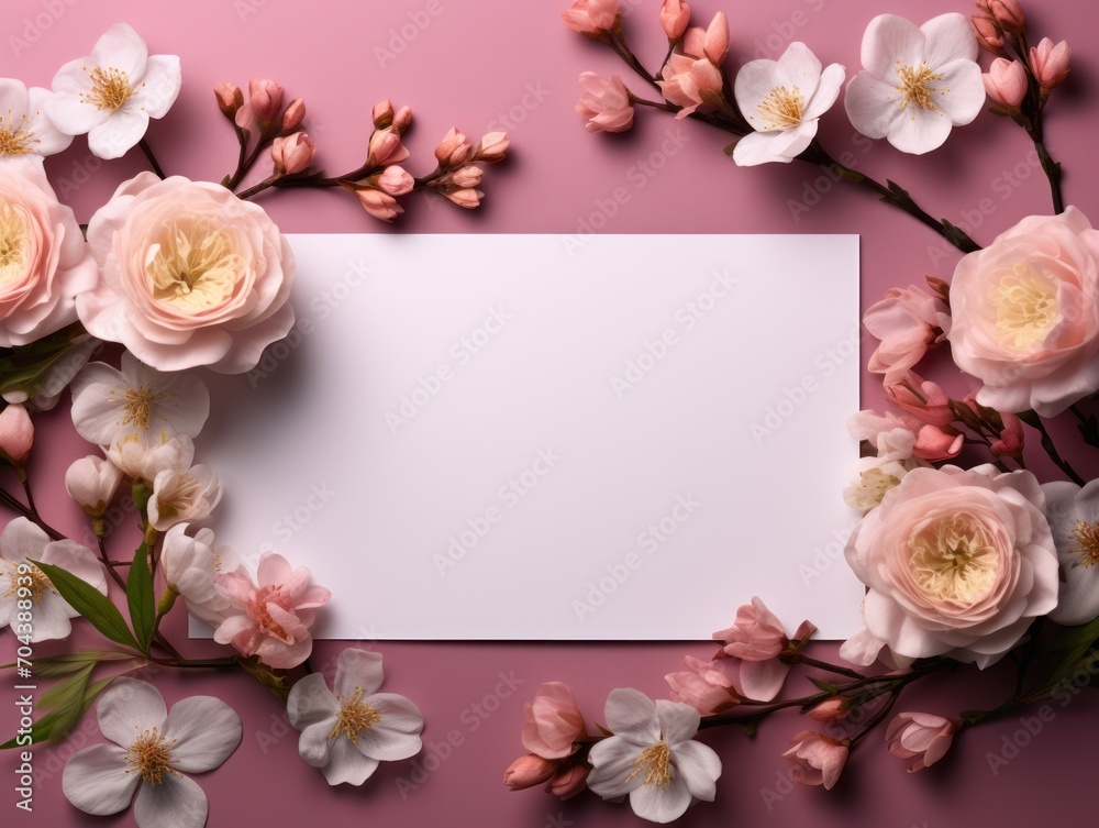 Banner with flowers on light pink background. Greeting card template for Wedding, mothers or womans day. Springtime composition with copy space. Flat lay style Banner with flowers on light pink background. Greeting card template for Wedding, mothers or womans day. Springtime composition with copy space. Flat lay style