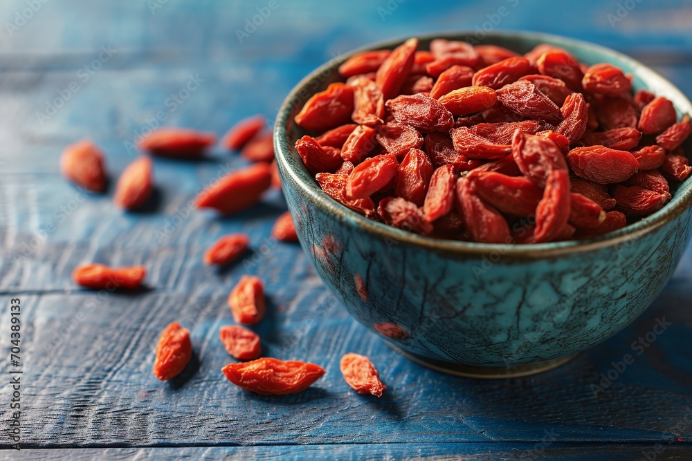 Goji Berry Crop in Bowl on Rustic Wooden Table
Goji Berry Crop in Bowl on Rustic Wooden Table