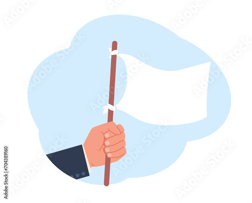 Hand with white flag. Capitulation in competition symbol. Failure characters. Surrender sign, blank empty textile. Arm waving, businessman need help. Cartoon flat isolated vector concept