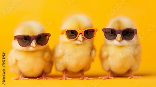 three lovely little baby chicks with oversized sunglasses on yellow background photo