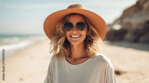 portrait of beautiful young tanned woman standing on the beach facing the camera styled with a hat and a sunglasses