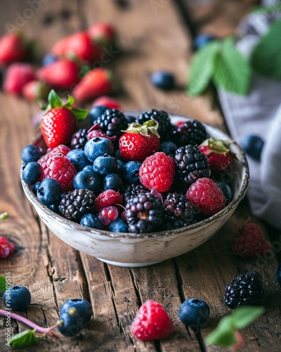 Mixed Berries in Bowl on White Wooden Table  