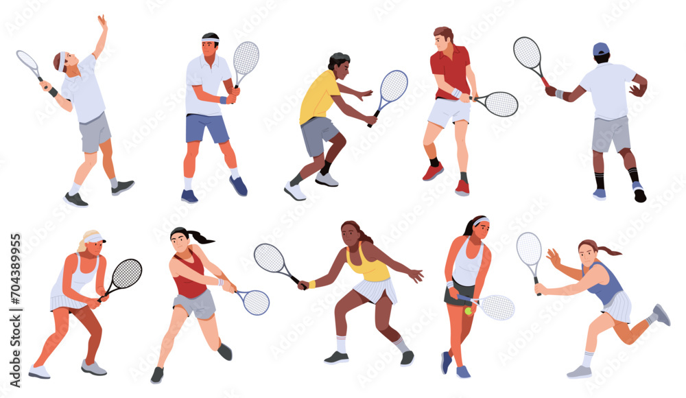 Lawn tennis people. Professional athletes in uniform, men and women with rackets, dynamic poses, batting and serving ball. Competition and hobby cartoon flat isolated tidy vector set
