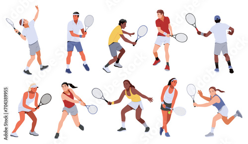 Lawn tennis people. Professional athletes in uniform, men and women with rackets, dynamic poses, batting and serving ball. Competition and hobby cartoon flat isolated tidy vector set