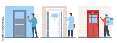 Letter carrier, doctor and delivery man ring doorbell. Men in uniform near door, pushing button. Ding dong. Male characters near house or apartment door. Cartoon flat isolated vector set