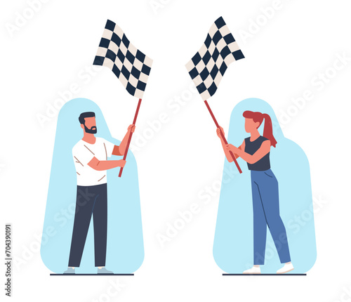 Man and woman stand and wave checkered flag in celebration of victory. Car race start and finish. Automobile speed competition. Symbol of winning cartoon flat isolated vector concept