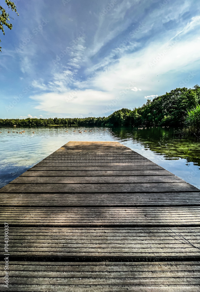 Fototapeta premium blick auf einen kleinen see mit steg im sommer