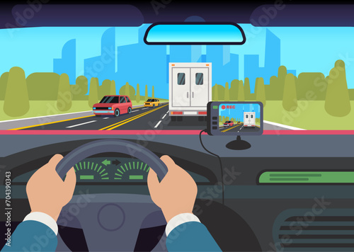 Man rides in car with video recorder running on road. Drivers hand on steering wheel. Camera memory system for auto. Transport equipment. Automobile interior. Cartoon flat vector concept
