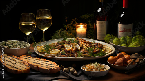 Elegant Seafood Dinner Setting, inviting seafood platter is elegantly presented with fine wine and candlelight, offering a gourmet experience of dining sophistication