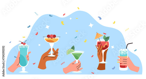 Party with cocktails, hands of people with alcoholic beverages. Cold tropical drinks with ice, alcohol and fruits. Mojito and margarita, lemonade cartoon flat isolated vector concept