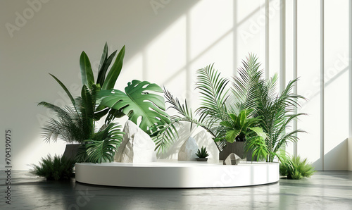 Elegant White Product Podium with Tropical Monstera and Fern Leaves for Cosmetic Branding on a Minimalist Background