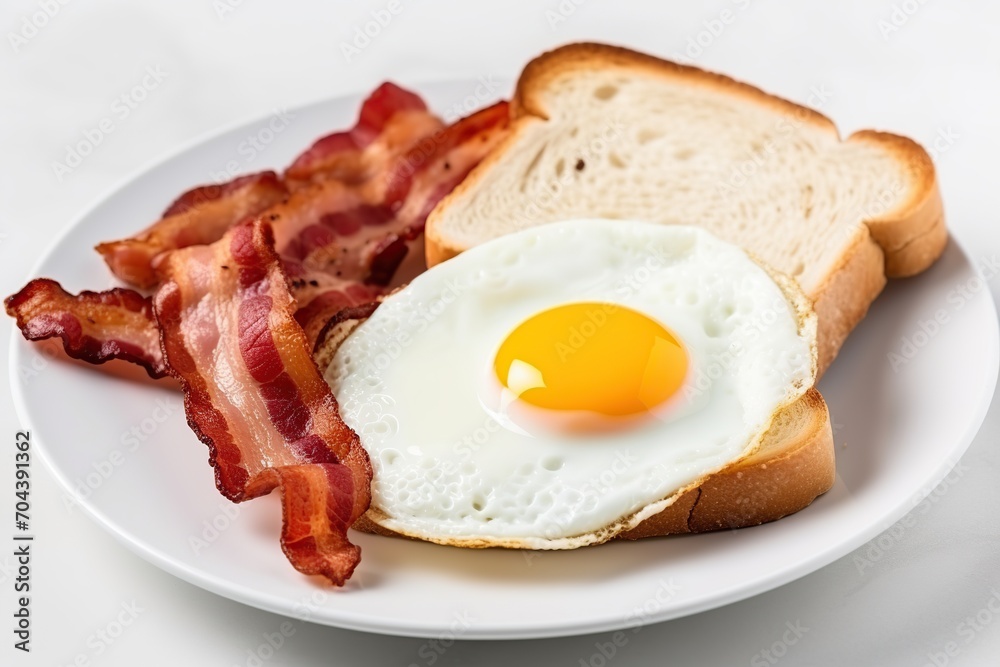 Fried eggs with toast and bacon on white background Fried eggs with toast and bacon on white background
