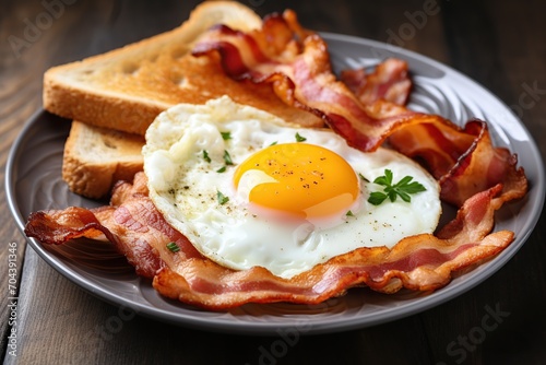 Fried eggs with toast and bacon on wooden background