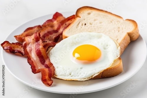 Fried eggs with toast and bacon on white background