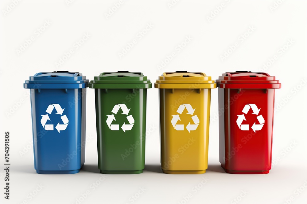 Colorful recycle bins with recycle symbol on white background Colorful recycle bins with recycle symbol on white background