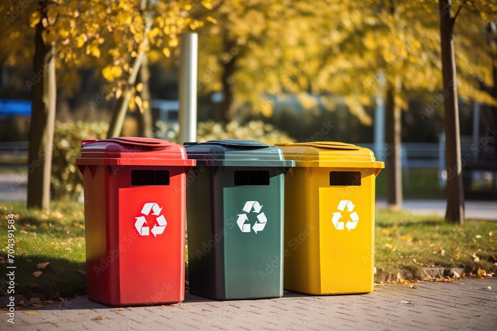 Colorful recycle bins with recycle symbol in the city Colorful recycle bins with recycle symbol in the city