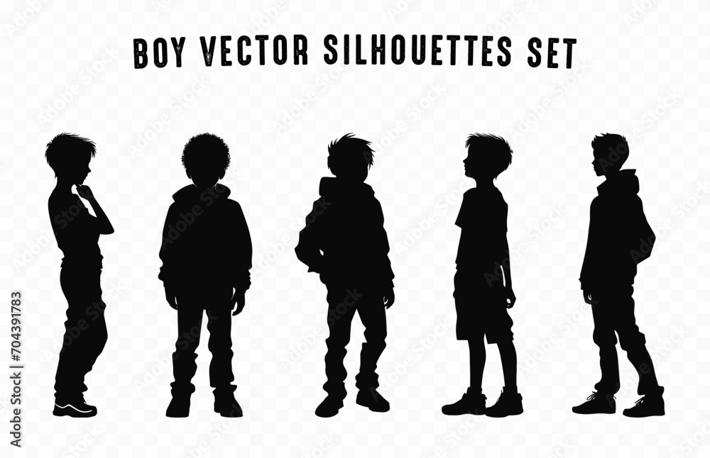Set of Boy black Silhouette Vector icon, Young boy standing Silhouettes, Teenage boy Silhouette in different poses
