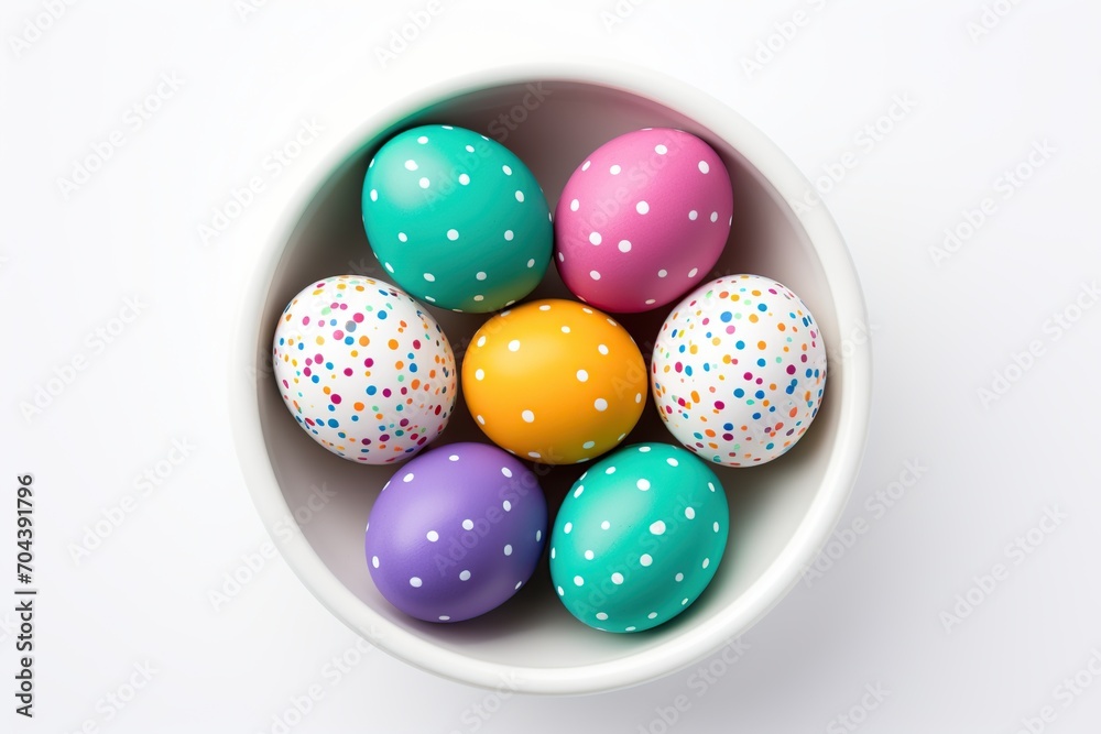 Colorful easter eggs in bowl on white background