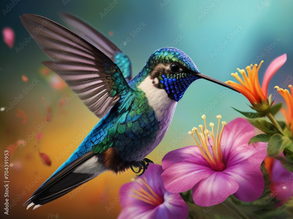 Obraz premium Hummingbird flying on flowers.