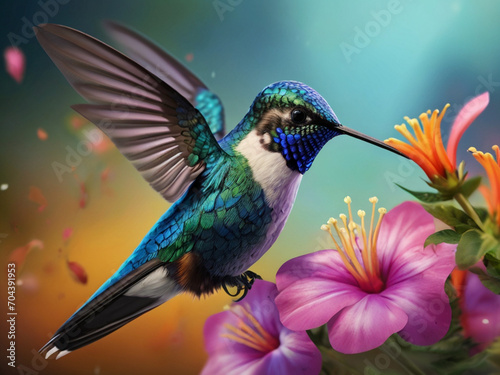Hummingbird flying on flowers.