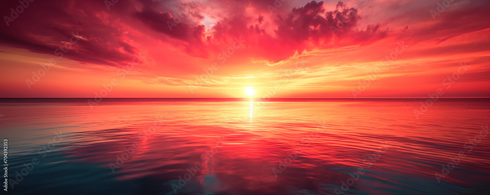 Red, orange and yellow sunset over the sea - Fantasy vibrant panoramic ...