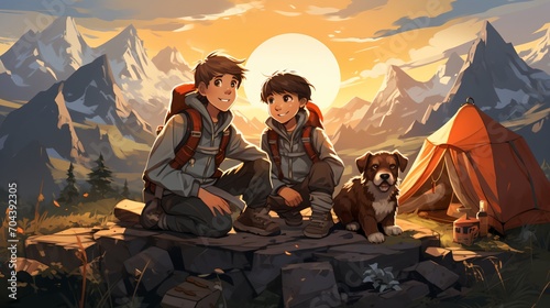 Two friends and a dog camping in the mountains