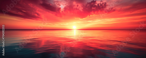 Red, orange and yellow sunset over the sea - Fantasy vibrant panoramic sunset sky - Gradient rich colors - ethereal dreamy summer sunset or sunrise sky. Uplifting and peaceful sky.