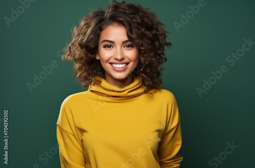 stock photo of a smiling brunette girl smiling yellow sweatshirt or sweater on green background. complementary colors