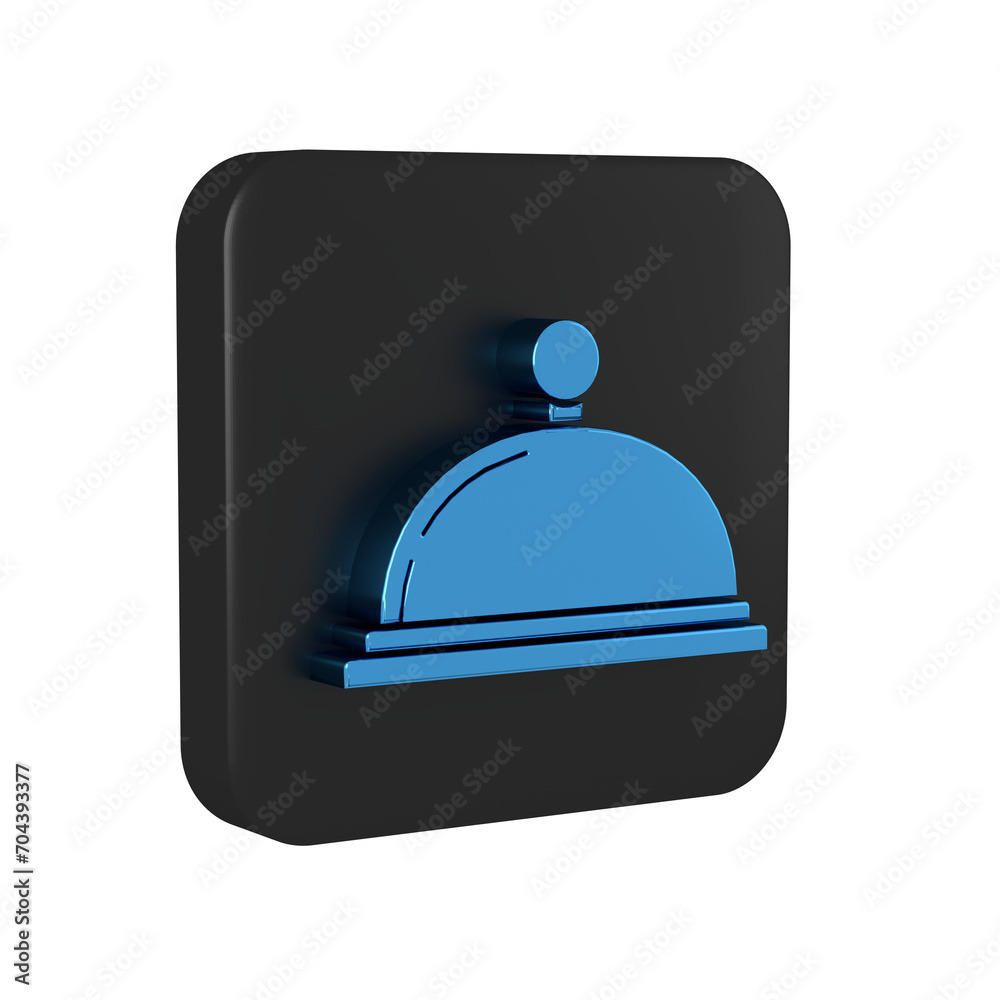 Blue Covered with a tray of food icon isolated on transparent background. Tray and lid sign. Restaurant cloche with lid. Kitchenware symbol. Black square button. Blue Covered with a tray of food icon isolated on transparent background. Tray and lid sign. Restaurant cloche with lid. Kitchenware symbol. Black square button.