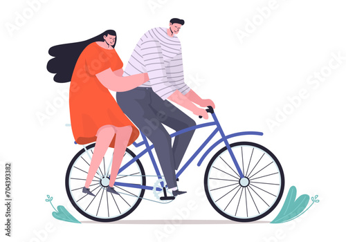 Cute vector illustration of couple on one bicycle. Man and woman riding together