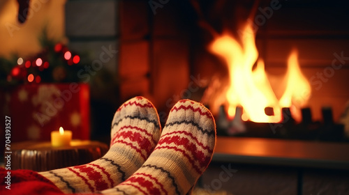 feet in woollen socks by the Christmas fireplace. Woman relaxes by warm fire with a cup of hot drink and warming up
