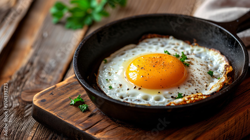 fried eggs in a frying pan on a wooden table