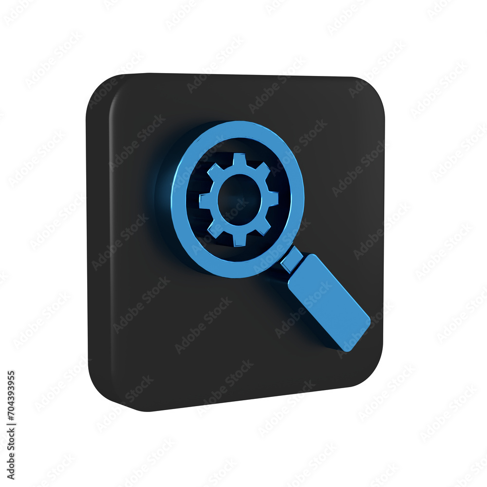 Blue Magnifying glass and gear icon isolated on transparent background. Search gear tool. Business analysis symbol. Black square button. Blue Magnifying glass and gear icon isolated on transparent background. Search gear tool. Business analysis symbol. Black square button.