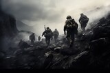 War Concept. Military silhouettes fighting scene on war fog sky background, A battalion of World War II American soldiers hiking across a harsh terrain, AI Generated