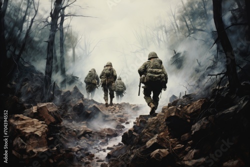 War Concept. Military silhouettes fighting scene on war fog sky background, A battalion of World War II American soldiers hiking across a harsh terrain, AI Generated photo