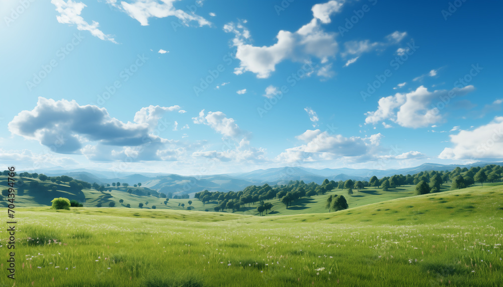 landscape green meadow with hills and blue sky with clouds