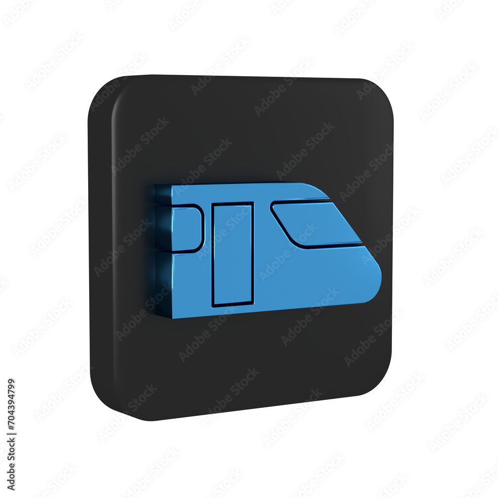 Blue Train icon isolated on transparent background. Public transportation symbol. Subway train transport. Metro underground. Black square button. Blue Train icon isolated on transparent background. Public transportation symbol. Subway train transport. Metro underground. Black square button.