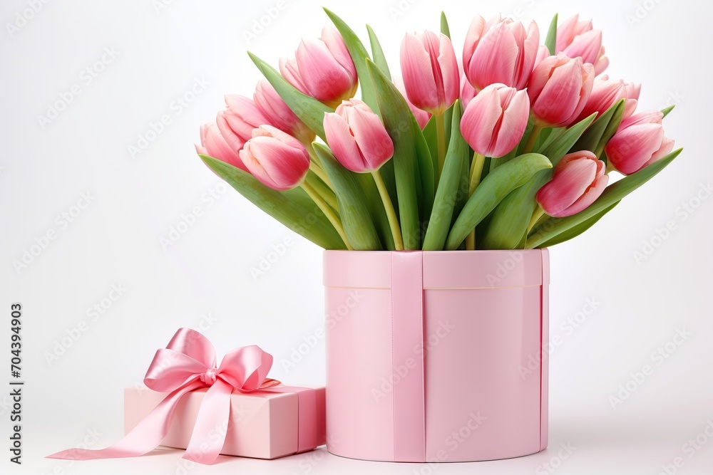 Fototapeta premium Gift box with ribbon bow and bouquet of tulips on white background. Mother's Day concept