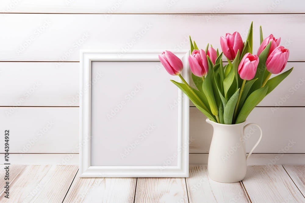 Blank photo frame with bouquet tulip flowers on wooden background Blank photo frame with bouquet tulip flowers on wooden background